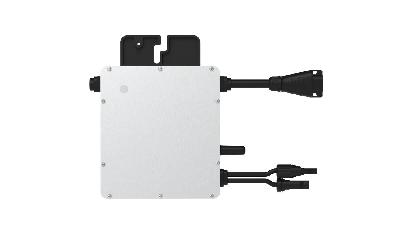 A product image of hoymiles hm nt microinverter, a white electronic module with black connectors on a white background