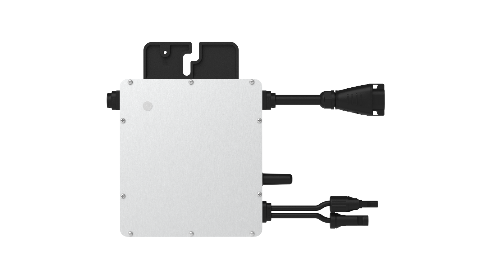 A product image of hoymiles hm nt microinverter, a white electronic module with black connectors on a white background