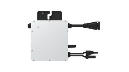 A product image of hoymiles hm nt microinverter, a white electronic module with black connectors on a white background