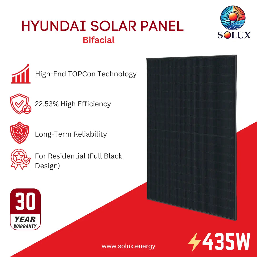 Hyundai Solar Panel Bifacial by Solux, a 435W black bifacial solar panel shown on a white and red promotional graphic with feature icons and a 30-year warranty badge.