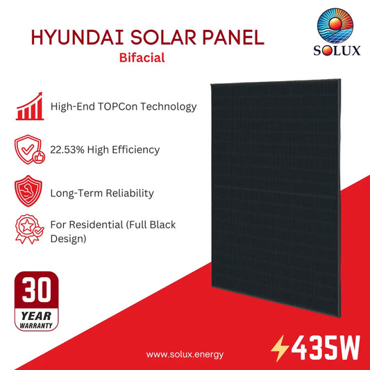 Hyundai Solar Panel Bifacial by Solux, a 435W black bifacial solar panel shown on a white and red promotional graphic with feature icons and a 30-year warranty badge.