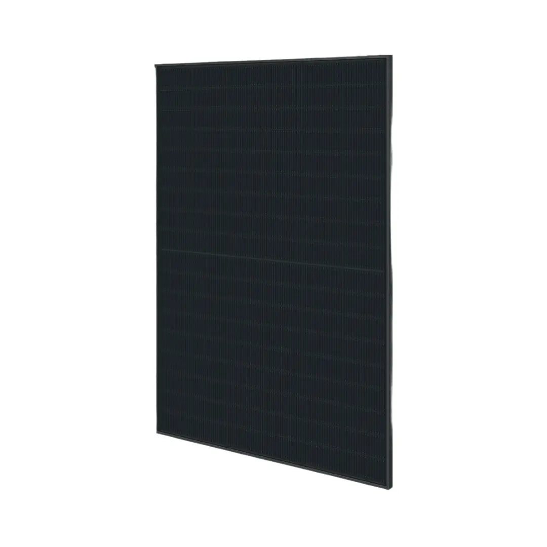 A single image of hyundai 435 watt solar panel, a  rectangular solar panel with a dark, textured surface, shown at a slight angle against a plain white background.