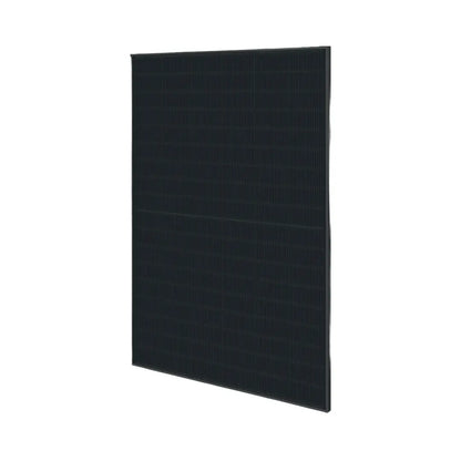 A single image of hyundai 435 watt solar panel, a  rectangular solar panel with a dark, textured surface, shown at a slight angle against a plain white background.