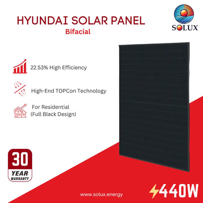This is an image of Hyundai HIN-T440NF(BK) 440Watt Bifacial Solar Panel