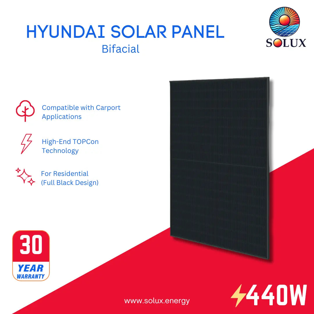 Hyundai 440 Watt N-Type Bifacial Solar Panels graphic, 440W, TOPCon tech, all-black design, 30-year warranty