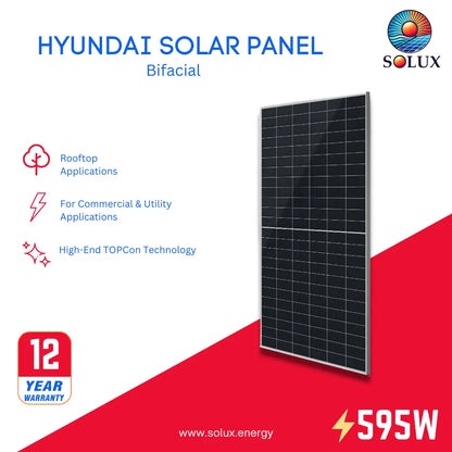 Hyundai Bifacial Solar Panels 595 Watt Silver Frame (HiN-T595NI), 595W, TOPCon, for commercial use, 12-year warranty.
