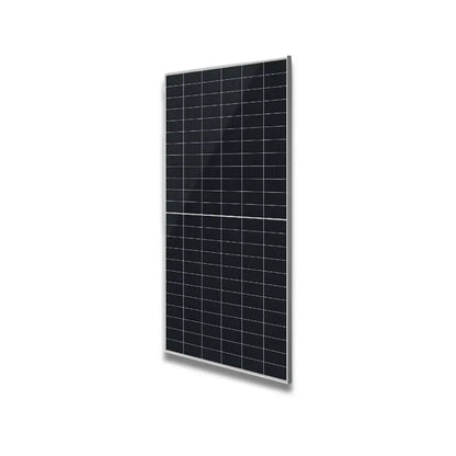 Product image of HiN-T595NI, a Hyundai 595W N-Type bifacial solar panel, silver frame, 144 half-cut cells.