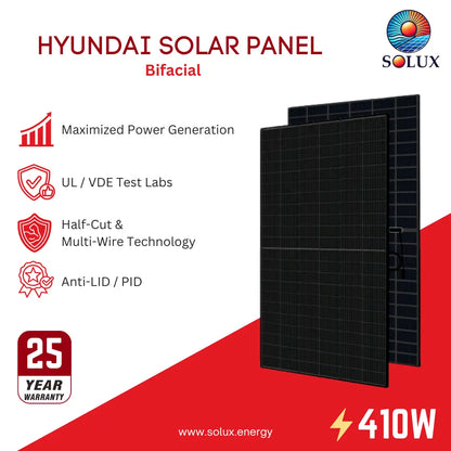 Hyundai Solar Panel Bifacial solar panels shown on a white and red promotional graphic with Solux branding, feature callouts, a 25-year warranty badge, and a 410W power claim.