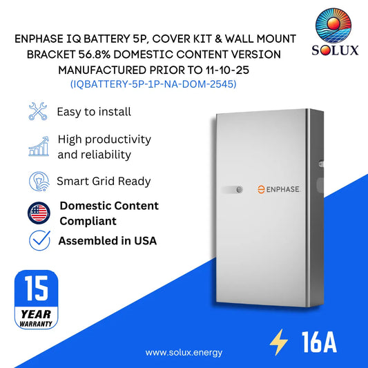 Enphase IQ Battery 5P 1P 56.8% Domestic Content infographic, listing "Assembled in USA", 15-year warranty, and 16A.