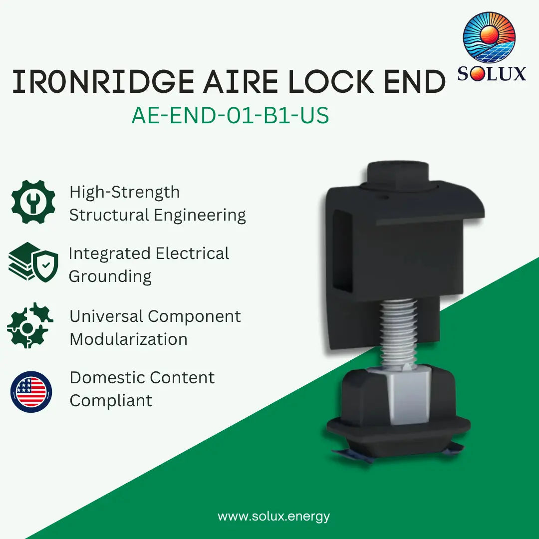 An industrial electrical component labeled 'Ironridge Aire Lock End' by Solux, shown on a split white and green background with feature callouts including high-strength engineering, integrated electrical grounding, universal component modularization, and domestic content compliance.