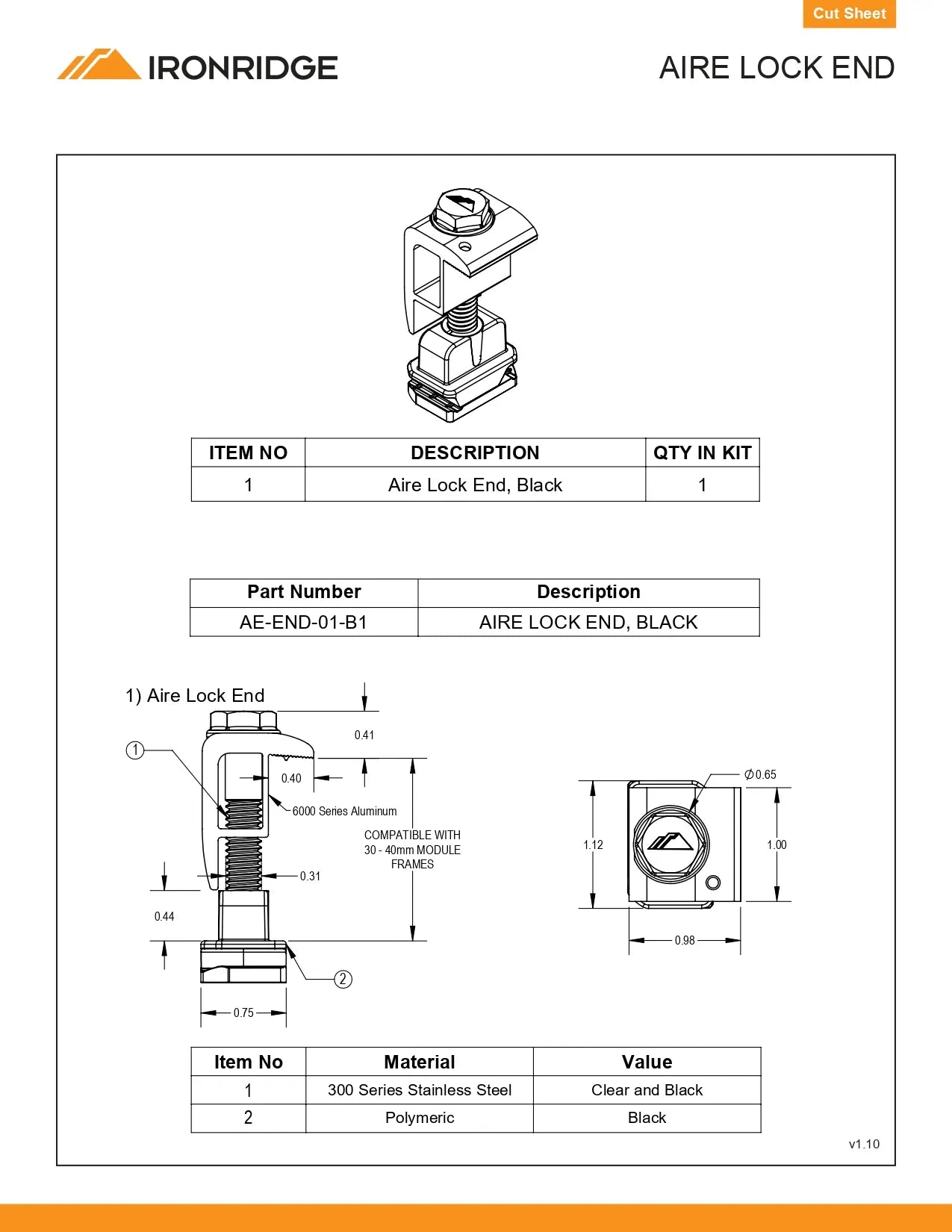 Technical specification sheet for an Ironridge Aire Lock End, showing a line drawing of the component, dimensions, a parts table, and material details on a white page with orange header and footer bars.