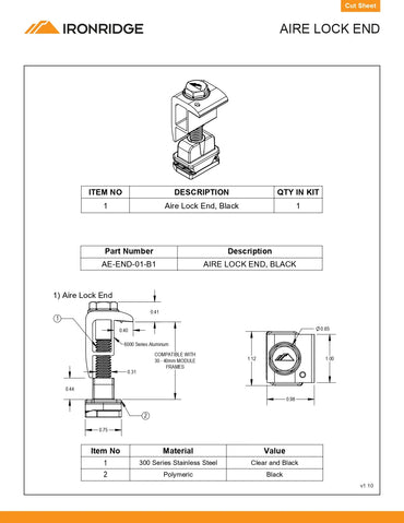 Technical specification sheet for an Ironridge Aire Lock End, showing a line drawing of the component, dimensions, a parts table, and material details on a white page with orange header and footer bars.