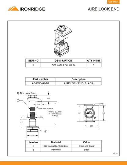 Technical specification sheet for an Ironridge Aire Lock End, showing a line drawing of the component, dimensions, a parts table, and material details on a white page with orange header and footer bars.