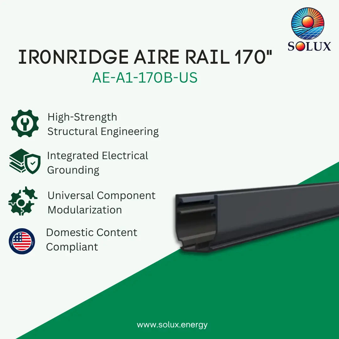 SOLUX Ironridge Aire Rail 170" aluminum rail profile shown on a white and green promotional graphic with product features listed on the left and the product itself running diagonally across the lower right.