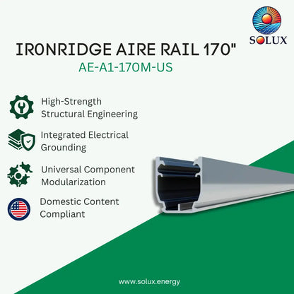 Promotional graphic for the Solux Ironridge Aire Rail 170" (AE-A1-170M-US) aluminum window framing profile. The image features a 3D rendering of the aluminum rail profile on the right, set against a split white and green background.