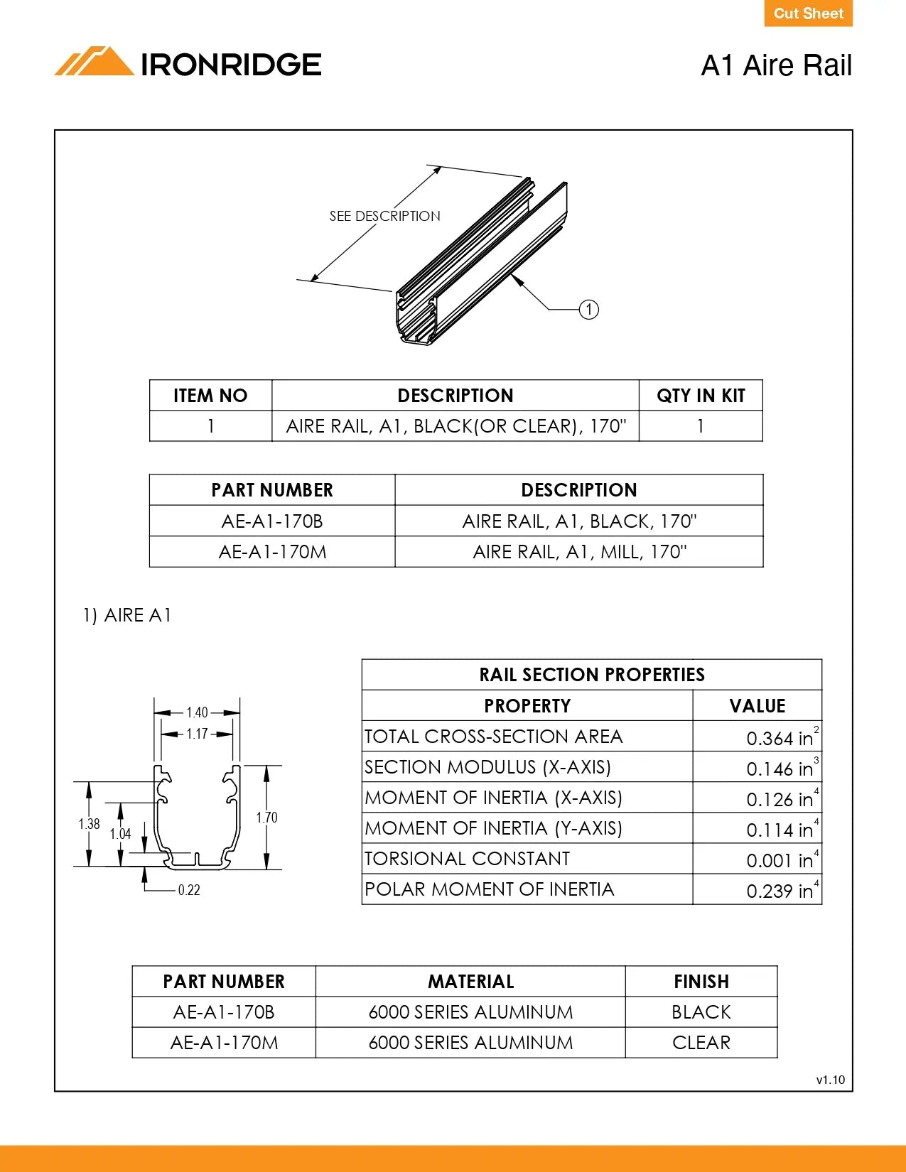 Technical specification sheet for the Ironridge A1 Aire Rail, showing a 3D line drawing, part number tables, and a cross-section dimension diagram with material and finish options.