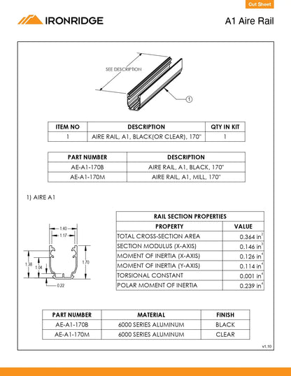 Technical specification sheet for the Ironridge A1 Aire Rail, showing a 3D line drawing, part number tables, and a cross-section dimension diagram with material and finish options.