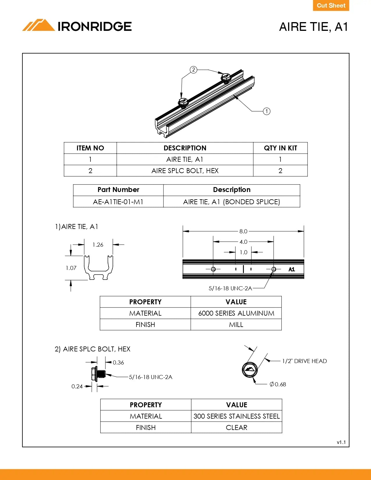 An image of technical cut sheet of aire tie