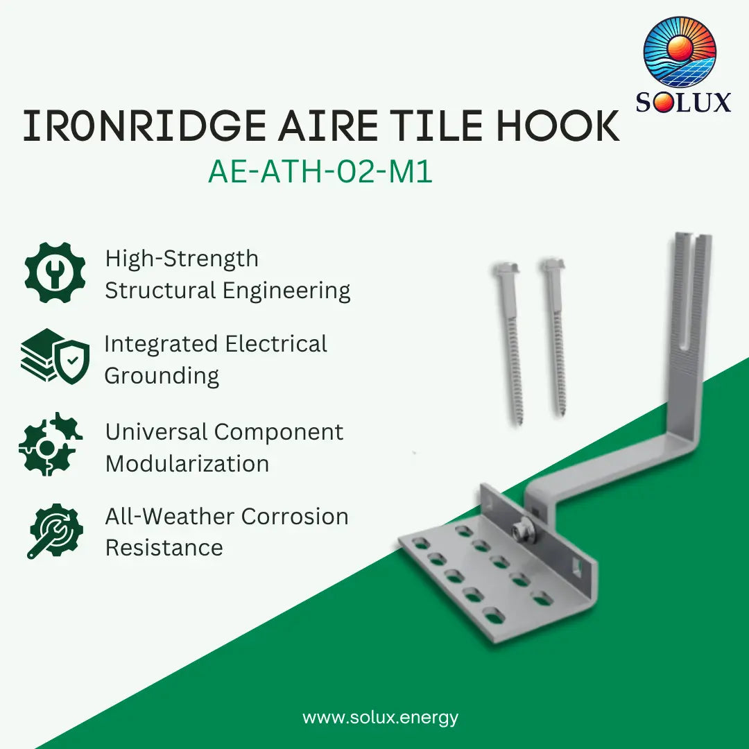 An informational product graphic for an Ironridge Aire Tile Hook by Solux, showing the metal hook assembly with two screws on a split white and green background with feature callouts.