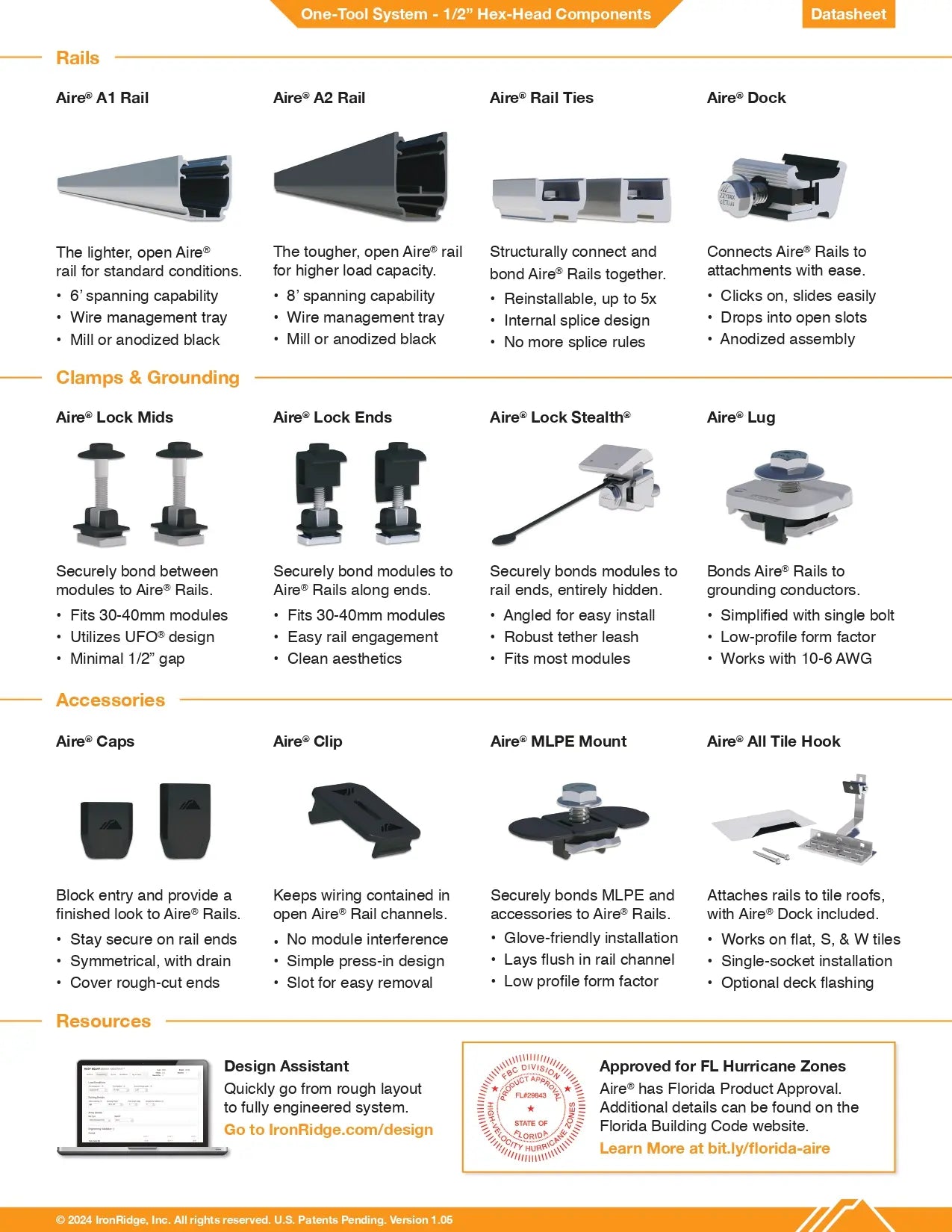A technical datasheet page for the Airmo Rails One-Tool System, showing a comparison table of different rail types such as Airmo A1 Rail, Airmo A2 Rail, and Clamps & Grounding, with descriptions and compatibility information.