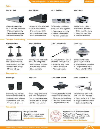 A technical datasheet page for the Airmo Rails One-Tool System, showing a comparison table of different rail types such as Airmo A1 Rail, Airmo A2 Rail, and Clamps & Grounding, with descriptions and compatibility information.