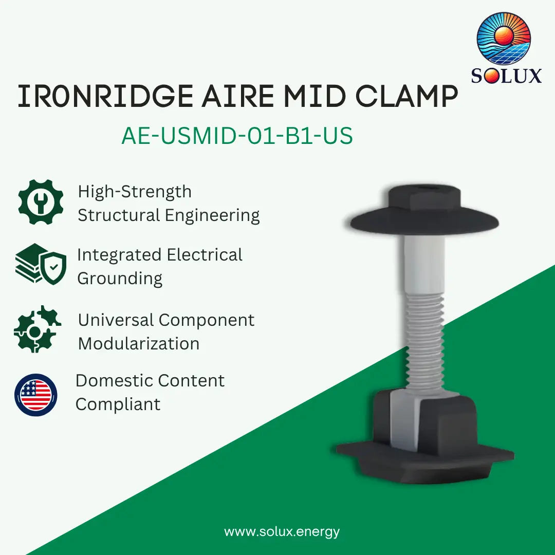 SOLUX Ironridge Aire Mid Clamp product graphic showing a black and silver threaded clamp component on a white and green background with feature callouts and the model AE-USMID-01-B1-US.