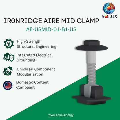 SOLUX Ironridge Aire Mid Clamp product graphic showing a black and silver threaded clamp component on a white and green background with feature callouts and the model AE-USMID-01-B1-US.