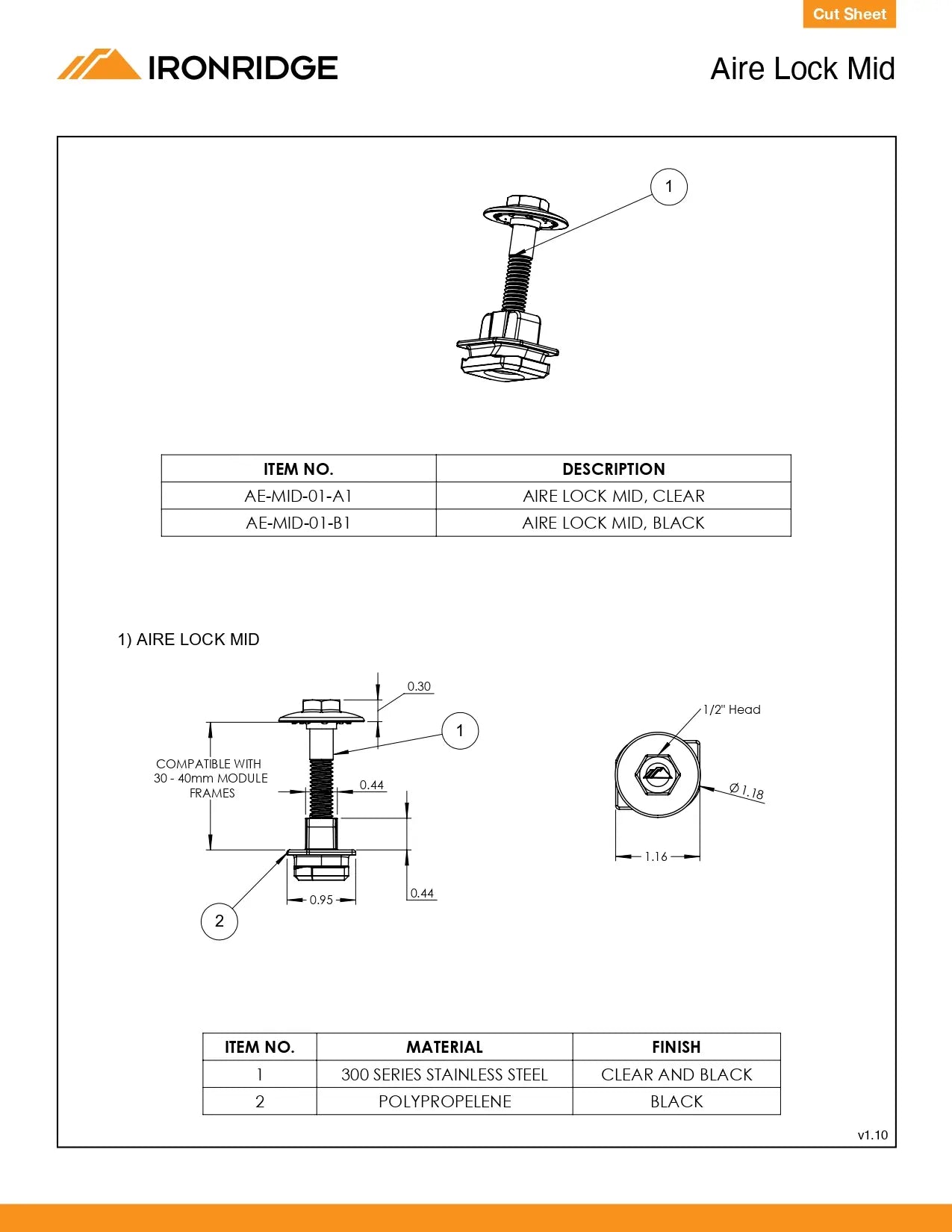 Technical specification sheet for an Ironridge Airé Lock Mid component, showing line drawings, part numbers, material specifications (stainless steel and polypropylene), and finish details.