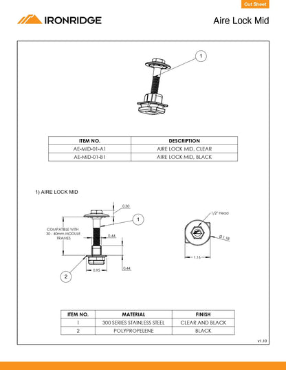 Technical specification sheet for an Ironridge Airé Lock Mid component, showing line drawings, part numbers, material specifications (stainless steel and polypropylene), and finish details.