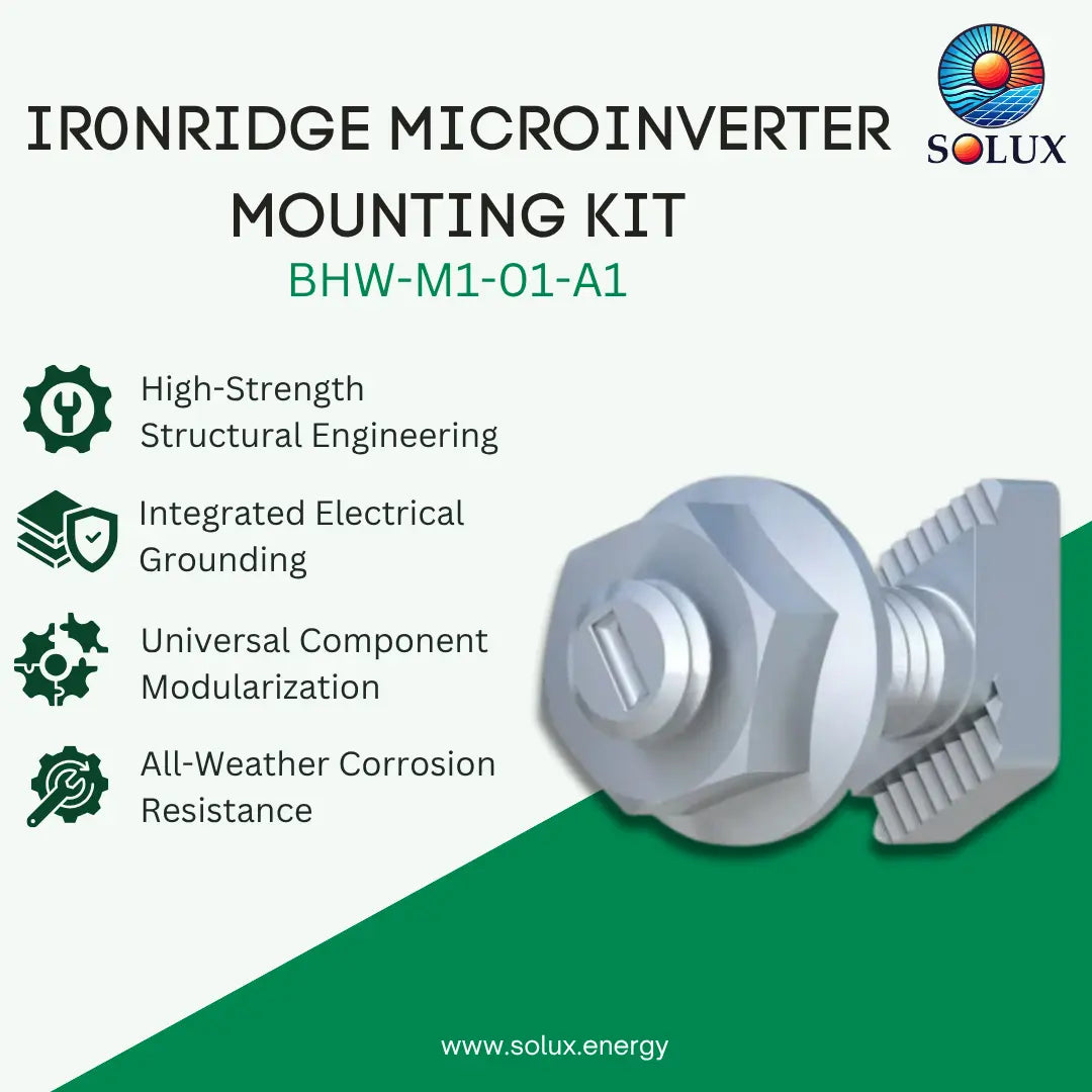 Promotional graphic for the Solux Ironridge Microinverter Mounting Kit, showing a silver metal mounting bracket and bolt assembly on a split white and green background with feature callouts.
