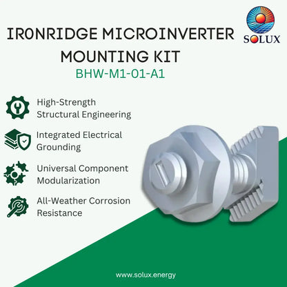Promotional graphic for the Solux Ironridge Microinverter Mounting Kit, showing a silver metal mounting bracket and bolt assembly on a split white and green background with feature callouts.