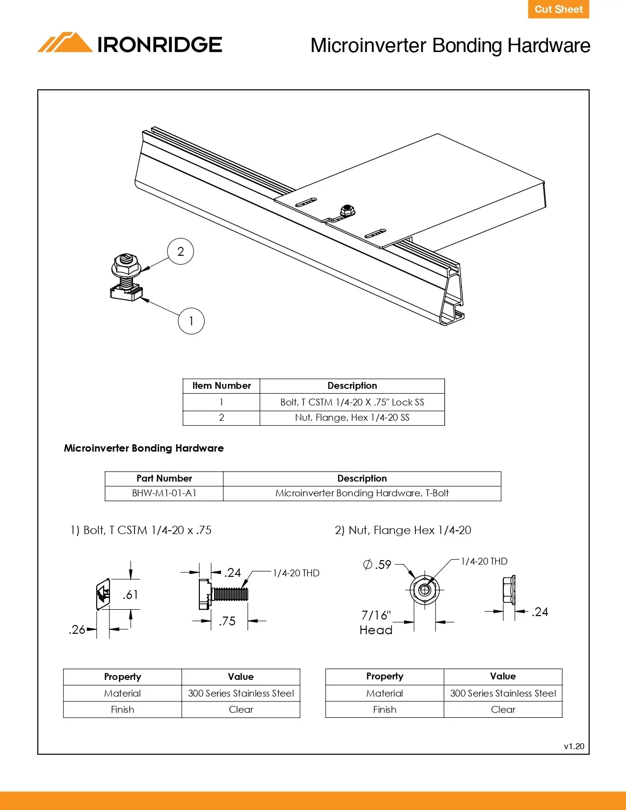 An IronRidge technical datasheet page for Microinverter Bonding Hardware, showing a line drawing of a bonding bar with numbered callouts, a parts table, and detailed technical drawings and specifications for the bolt and flange components.