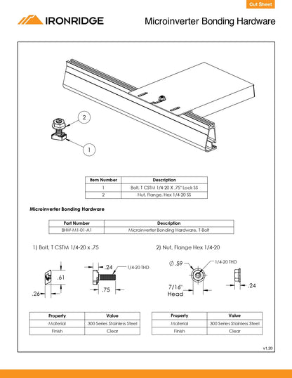 An IronRidge technical datasheet page for Microinverter Bonding Hardware, showing a line drawing of a bonding bar with numbered callouts, a parts table, and detailed technical drawings and specifications for the bolt and flange components.