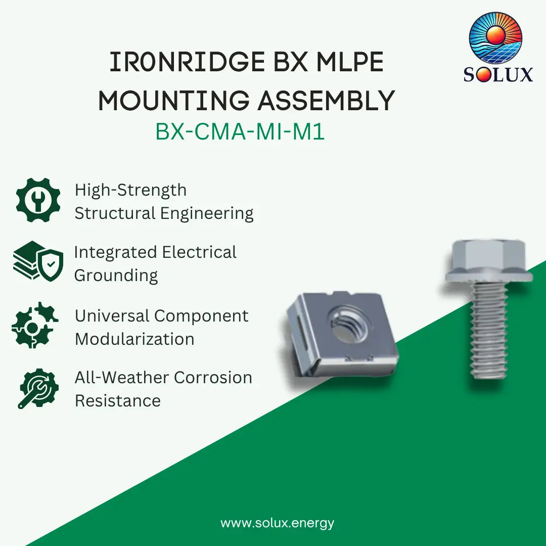 Promotional graphic for the Solux Ironridge BX MLPE Mounting Assembly (BX-CMA-MI-M1), showing a silver metal connector block and a matching threaded bolt against a split white and green background with product features listed on the left.