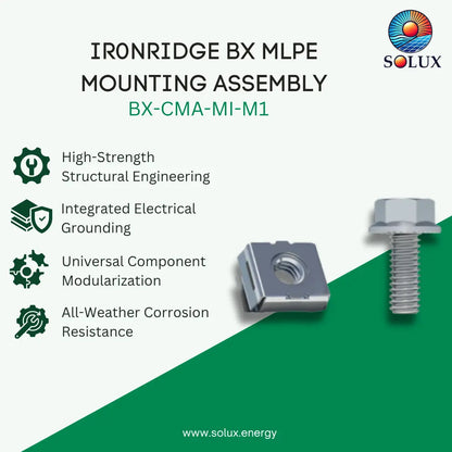 Promotional graphic for the Solux Ironridge BX MLPE Mounting Assembly (BX-CMA-MI-M1), showing a silver metal connector block and a matching threaded bolt against a split white and green background with product features listed on the left.