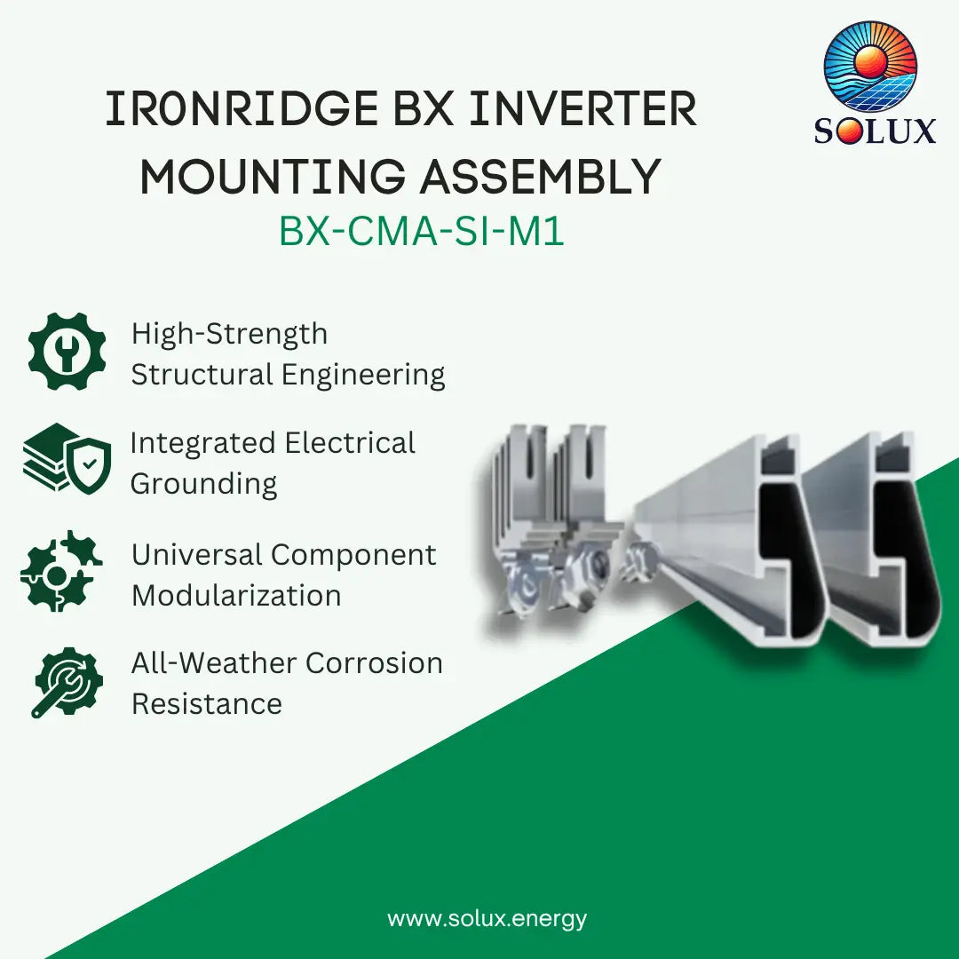 Promotional graphic for the Ironridge BX Inverter Mounting Assembly by Solux, showing the product name, model BX-CMA-SI-M1, key features in text, a rendered view of the metal mounting hardware, and a green diagonal background accent.