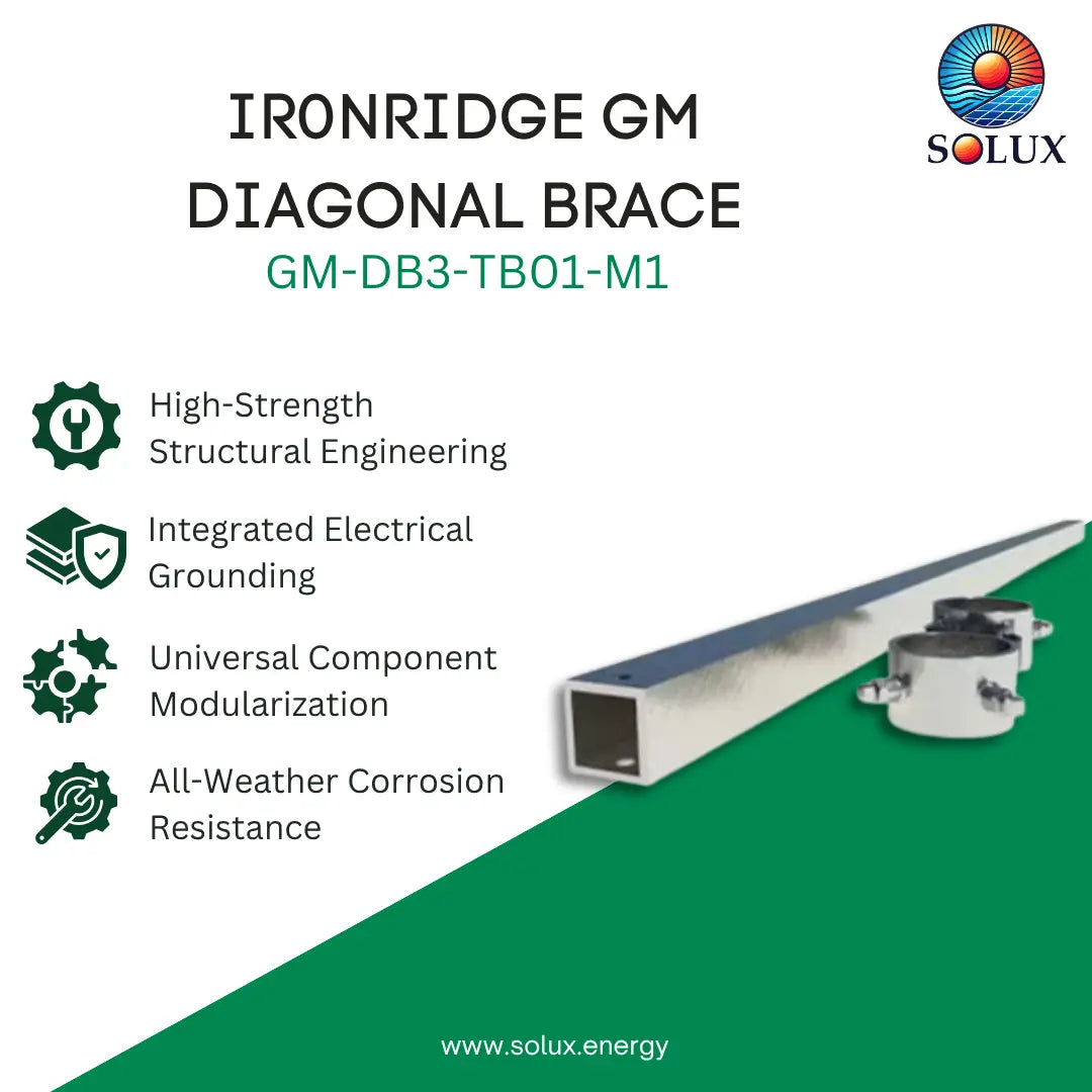 Promotional graphic for SOLUX Ironridge GM Diagonal Brace, model GM-DB3-TB01-M1, showing a square metal brace section and a tensioned diagonal brace assembly on a white and green background with feature callouts.