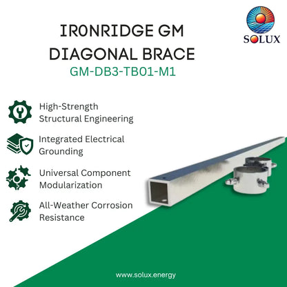 Promotional graphic for SOLUX Ironridge GM Diagonal Brace, model GM-DB3-TB01-M1, showing a square metal brace section and a tensioned diagonal brace assembly on a white and green background with feature callouts.