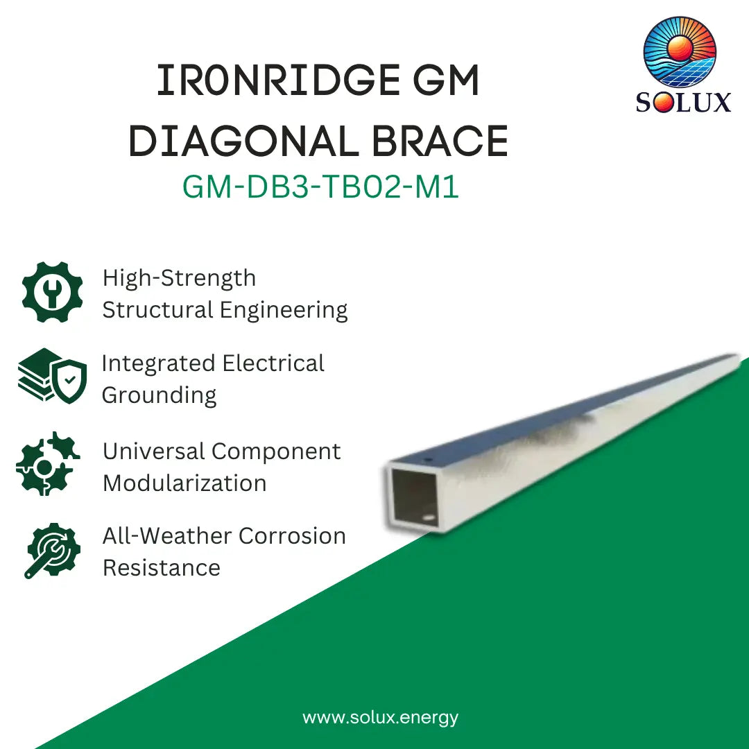 Promotional graphic for an Ironridge GM diagonal brace by Solux, showing the product as a long square-profile metal brace on a white and green background with feature callouts and the Solux logo.