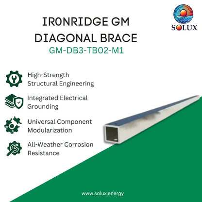 Promotional graphic for an Ironridge GM diagonal brace by Solux, showing the product as a long square-profile metal brace on a white and green background with feature callouts and the Solux logo.