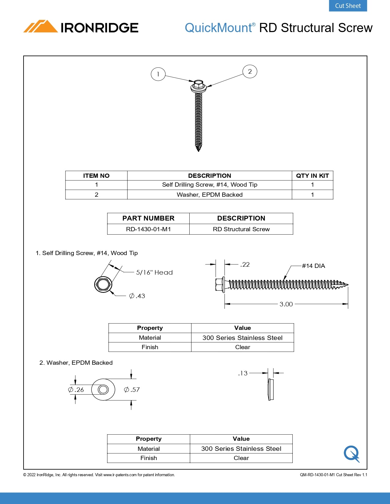 Technical cut sheet for IronRidge QuickMount RD Structural Screw, part HW-RD-1430-01-M1 self drilling screws. Includes diagrams and property tables for the #14 wood tip screw and EPDM backed washer.
