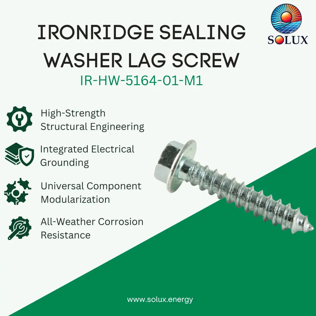Ironridge Sealing Washer Lag Screw IR-HW-5164-01-M1 by Solux, shown on a white and green graphic background with product features listed on the left.