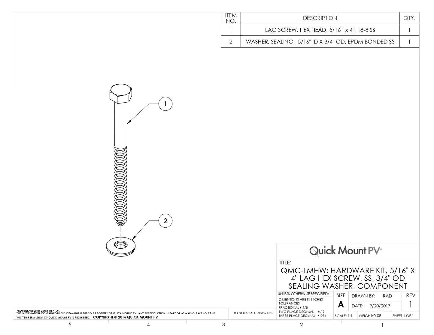 IR-HW-5164-01-M1 sealing washer and 5/16" x 4" 18-8 stainless steel lag screw kit for watertight solar mounting.