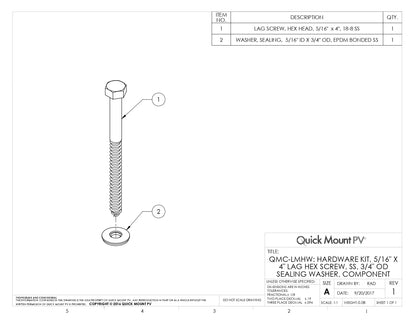 IR-HW-5164-01-M1 sealing washer and 5/16" x 4" 18-8 stainless steel lag screw kit for watertight solar mounting.