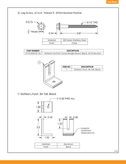 A technical specification and assembly sheet showing dimensions and cross-sections for a slotted L-foot and lag screw, with material and finish details on a white page with an orange header.