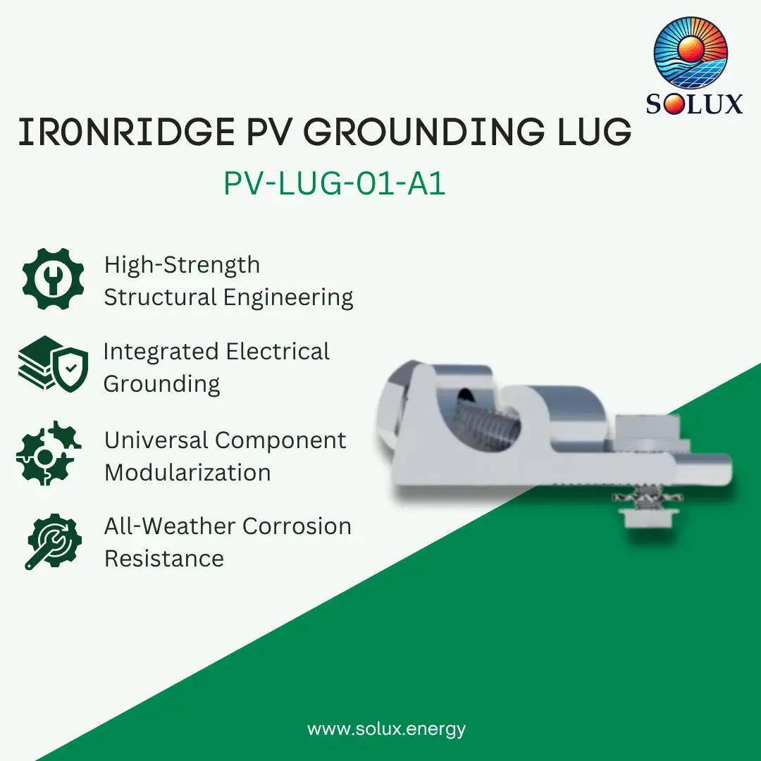 Promotional graphic for the Solux Ironridge PV Grounding Lug (model PV-LUG-01-A1), featuring a 3D render of the silver and gray metal lug on a split white and green background with feature callouts.
