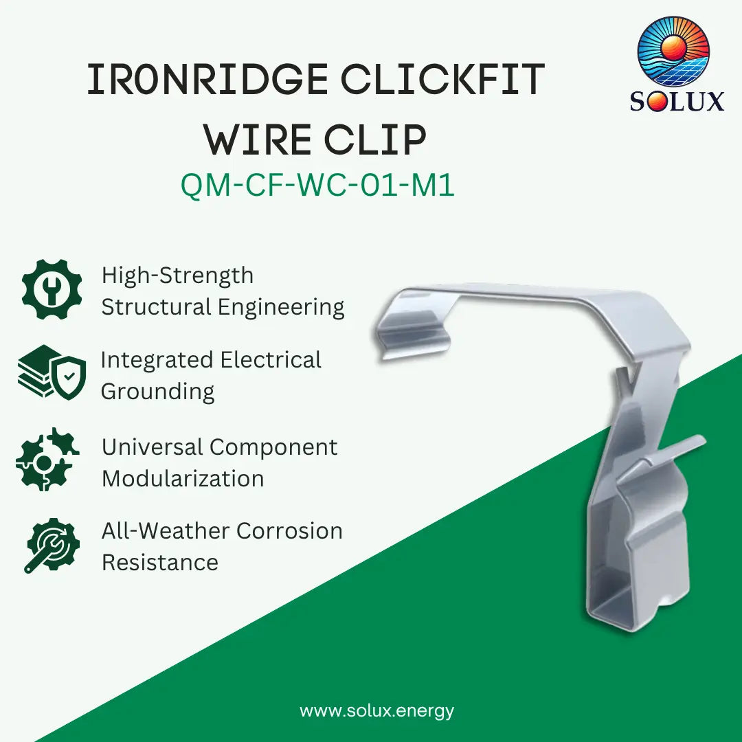 An informational product graphic for an IRONRIDGE CLICKFIT WIRE CLIP by SOLUX, model QM-CF-WC-01-M1. The image features a silver-colored metal wire clip on the right, set against a split white and green background with key product benefits listed on the left.