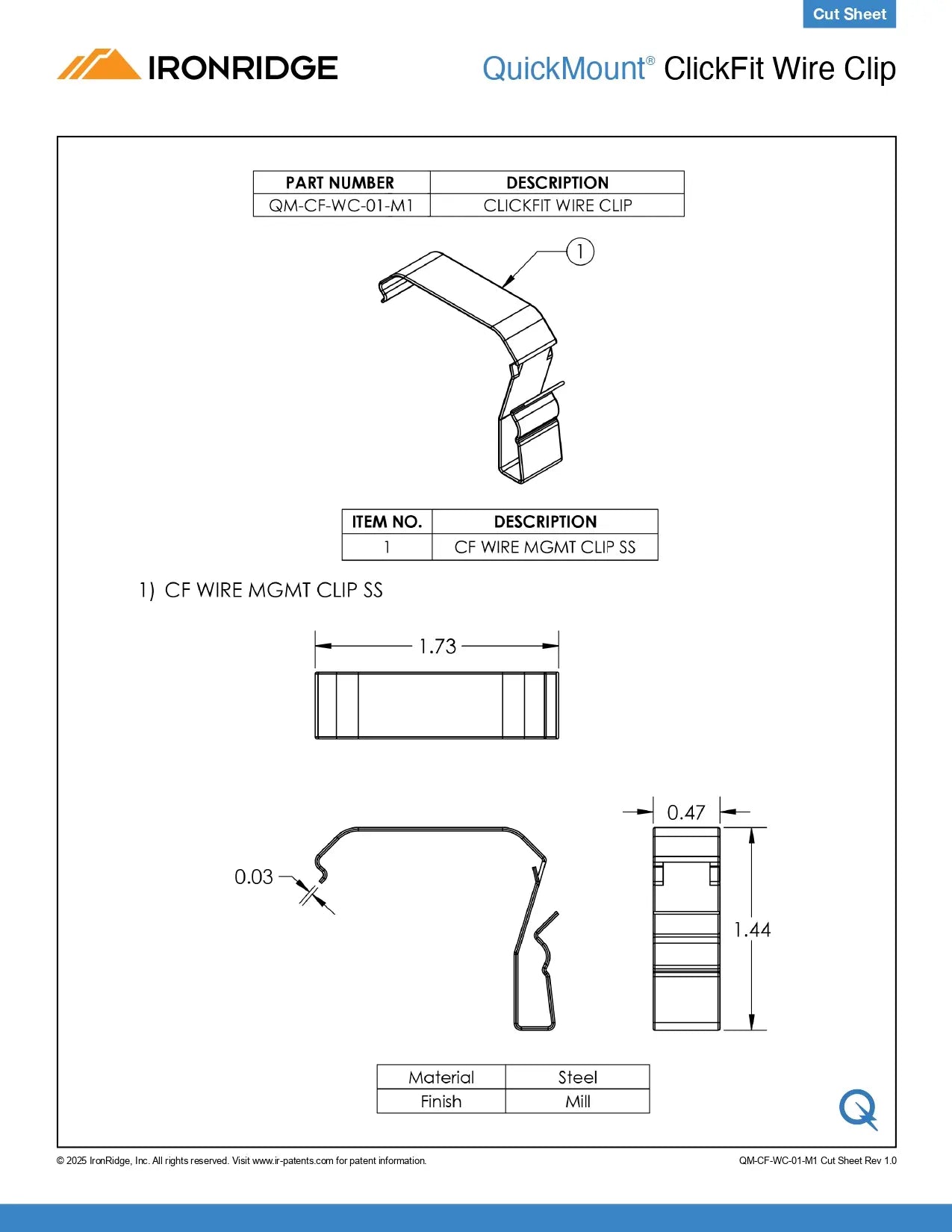 Technical specification sheet for the IronRidge QuickMount ClickFit Wire Clip (GM-CF-WC-03-M1), showing line drawings, dimensions, material specifications (Steel, M8), and part number details.