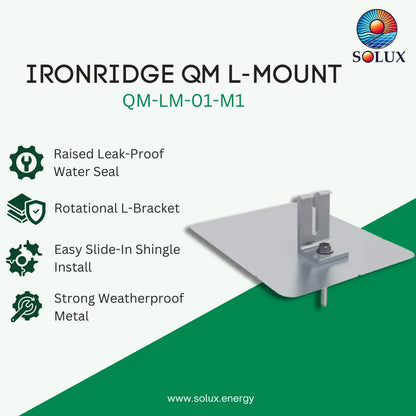SOLUX Ironridge QM L-Mount product graphic showing a silver metal bracket with a screw post, alongside feature callouts for raised leak-proof water seal, rotational L-bracket, slide-in shingle install, and weatherproof metal.