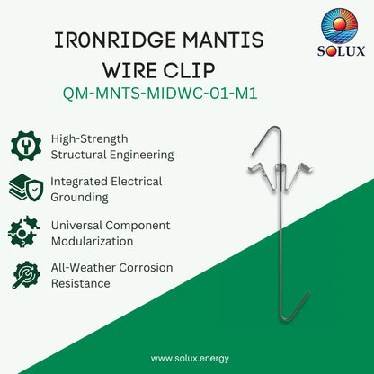 A promotional product graphic for an Ironridge Mantis wire clip by Solux, showing the metal clip on the right and feature callouts on the left against a light background with a green diagonal section.
